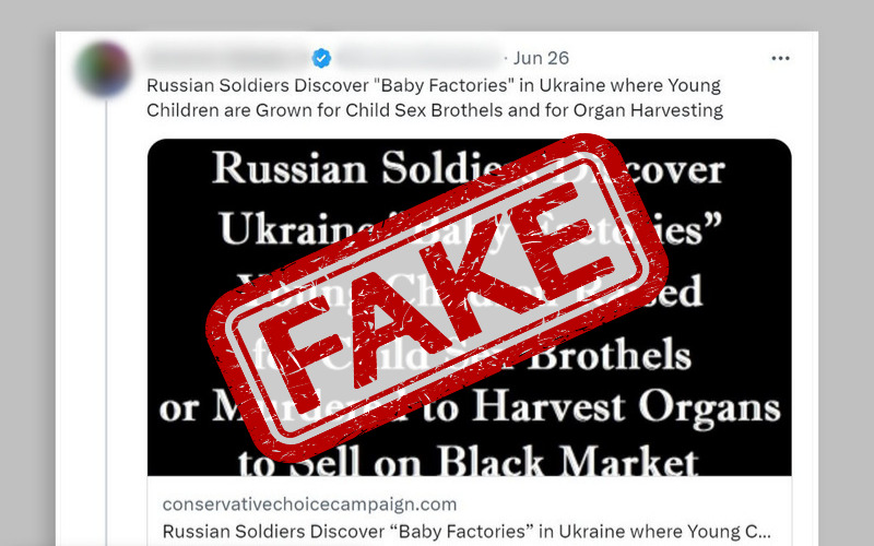 The word "Fake" appears in red letters on top of a screenshot of a social media post, which describes so-called baby factories supposedly discovered in Ukraine.