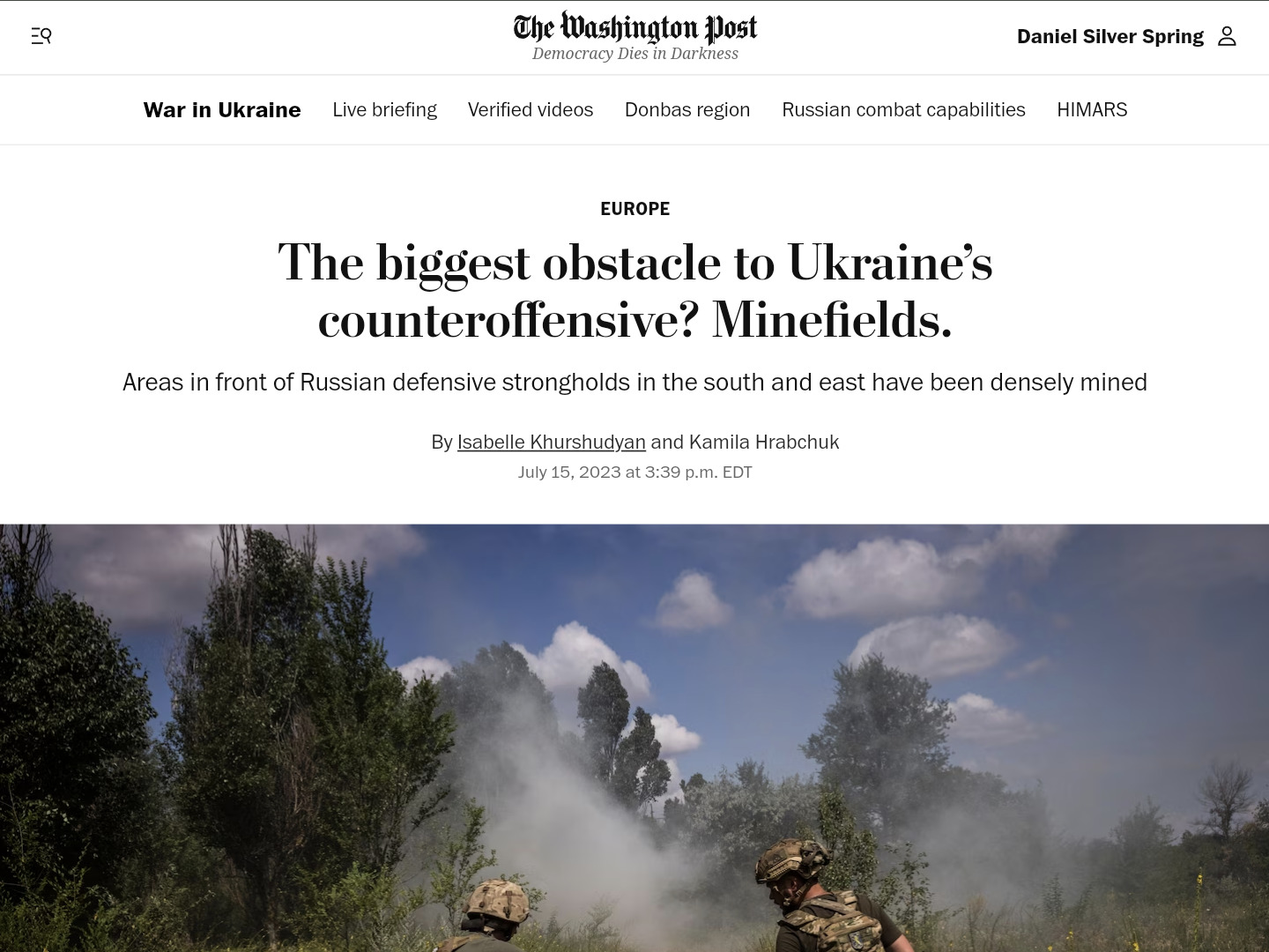 Article screenshot: The biggest obstacle to Ukraine’s counteroffensive? Minefields.